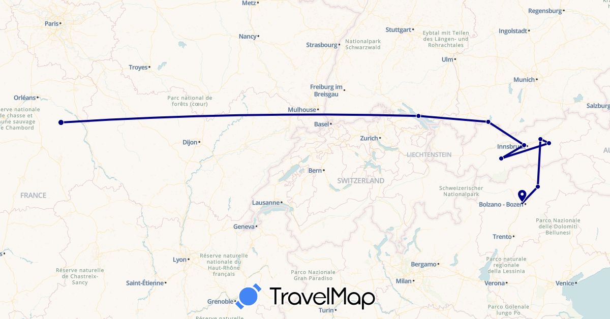 TravelMap itinerary: driving in Austria, Germany, France, Italy (Europe)